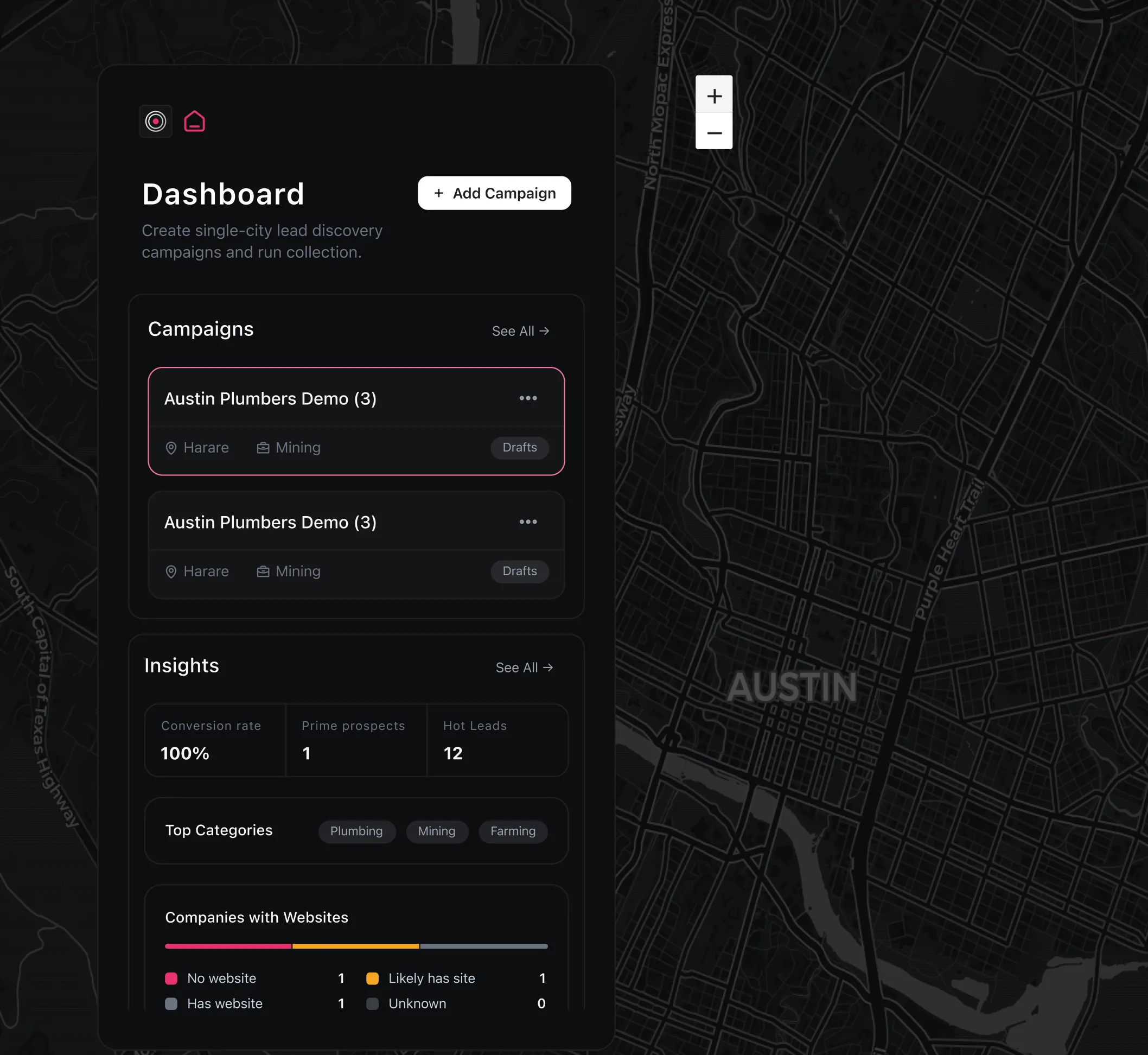 Radar dashboard preview over a city map